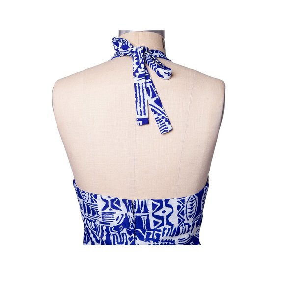 Vintage 60s 70s Hawaii Nei Hawaiian Blue White Halter Maxi Sundress Dress - Picture 15 of 16